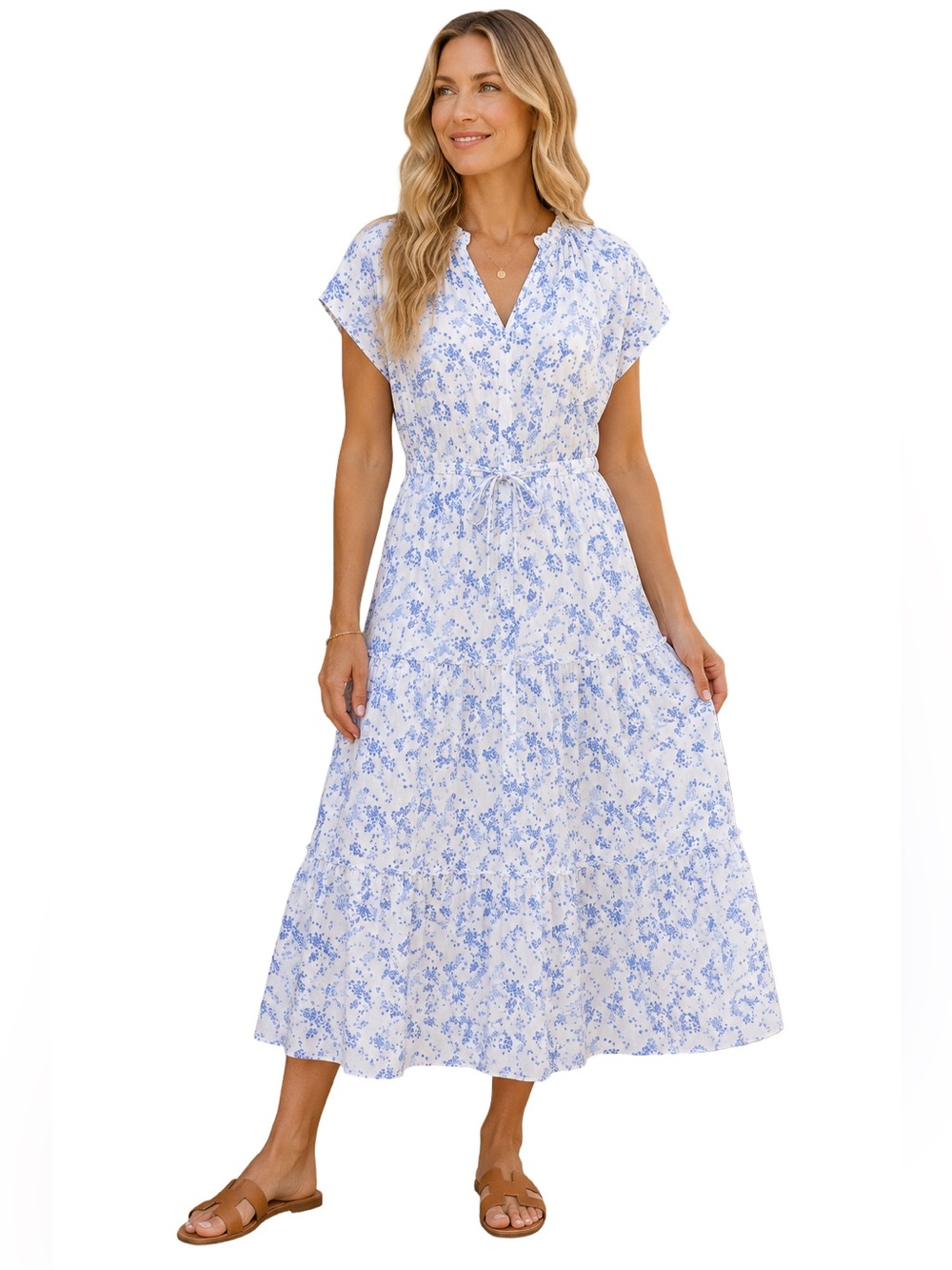 Rails Juni Midi Dress Size XS Blue Blossom Print Linen Blend Relaxed Cottagecore